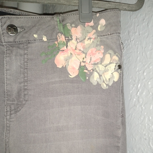 Catherine Malandrino Gray Stretch Designer Jeans Pink Painted Flowers Grey Capri - Picture 5 of 10